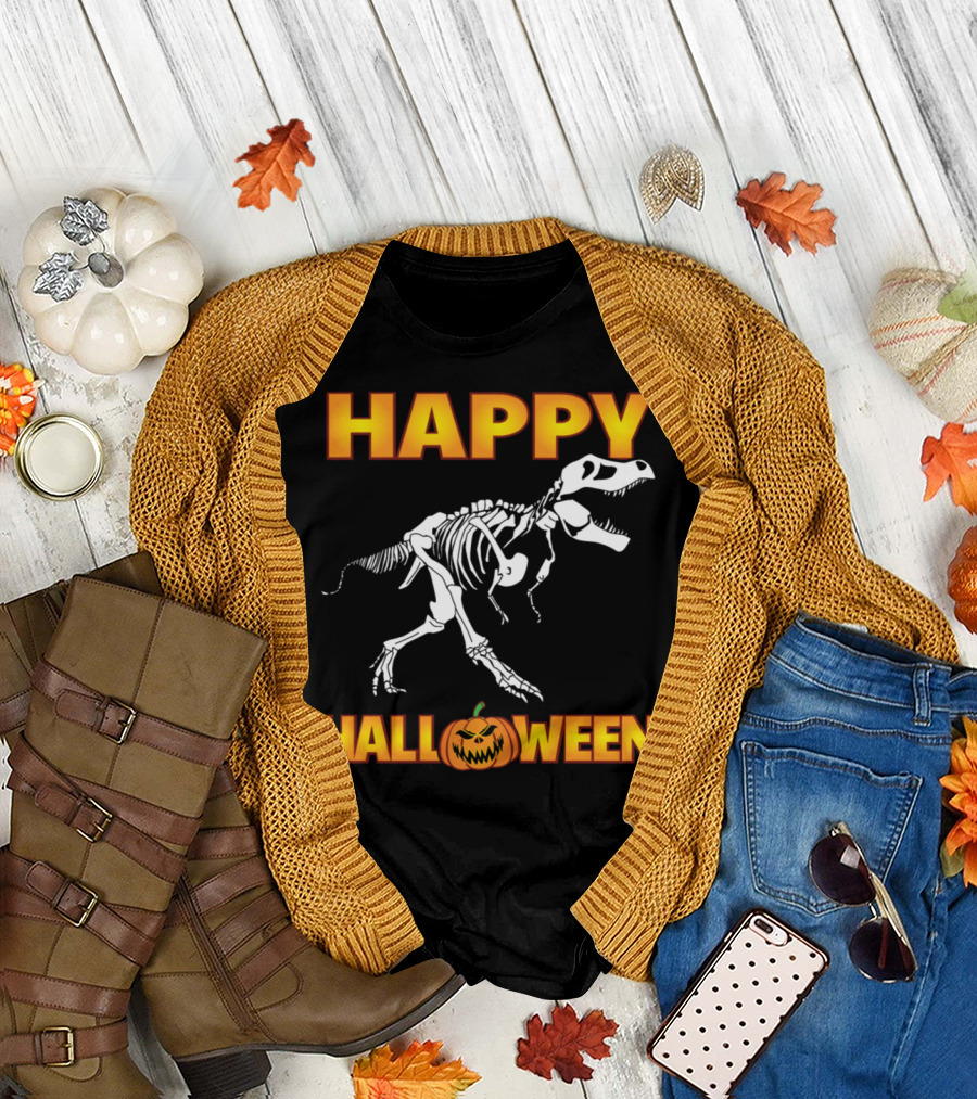 HAPPY HALLOWEEN TRex Skeleton Pumpkin T-Shirt