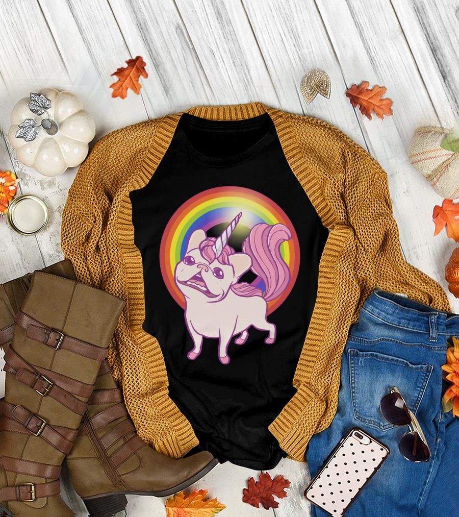 Unicorn French Bulldog with Rainbow Mane and Tail T-Shirt
