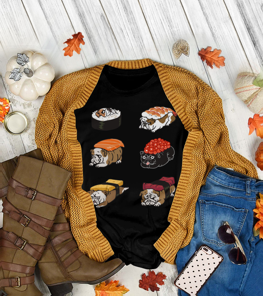 English Bulldog Sushi Roll Variations with Salmon and Rice T-Shirt