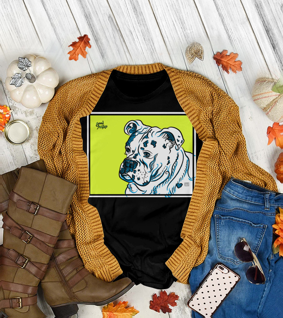 Good Miko Bulldog Illustration with Neon Yellow Background T-Shirt