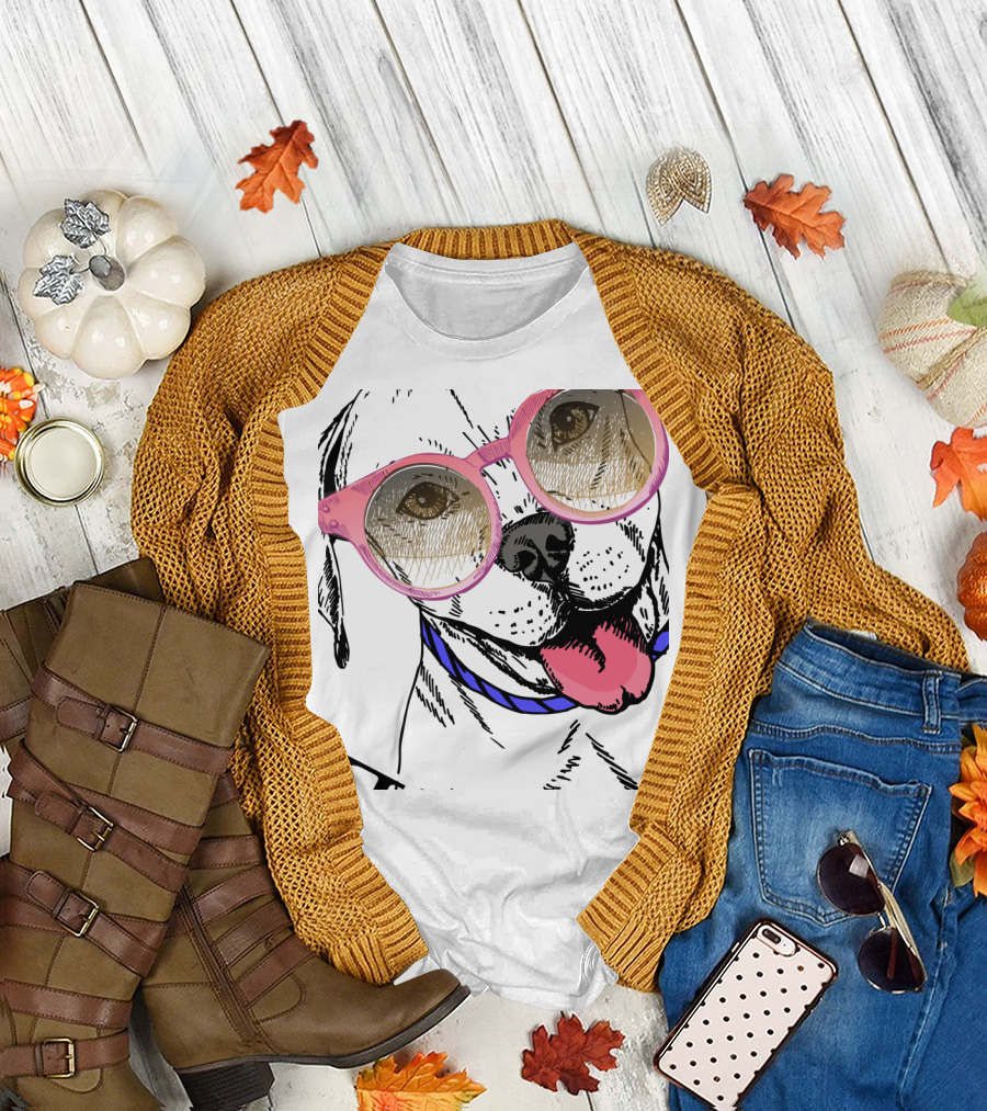 Pitbull Pride: Cute Pit Bull Sporting Pink Shades for Devoted Pit Bull Lovers T-Shirt