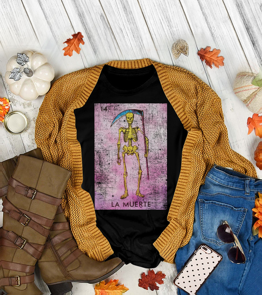 La Muerte Loteria Card 14 Skeleton with Scythe Mexican T-Shirt
