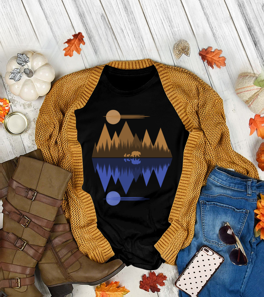 Bear and Cubs Mountain Reflection with Dual Sun and Moon Elements T-Shirt