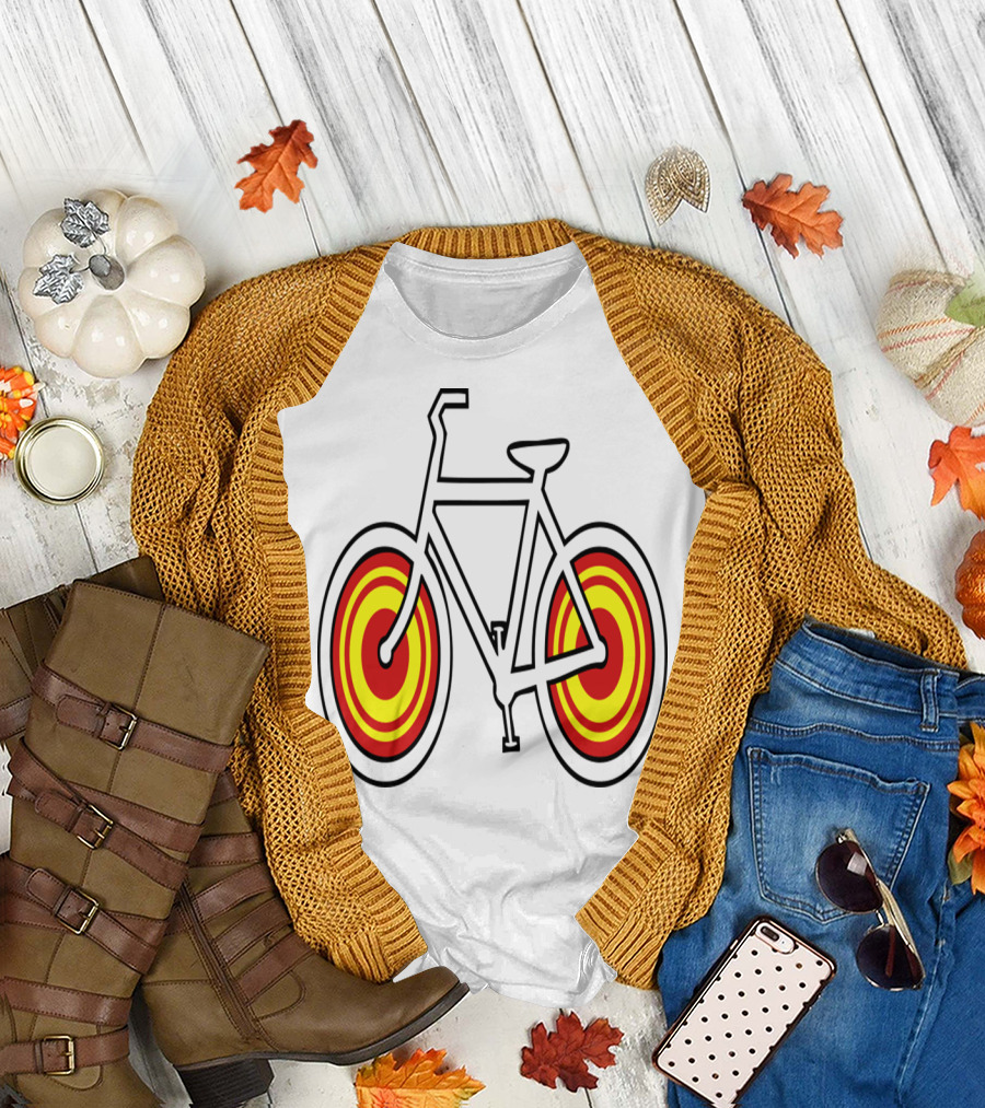 Bicycle Outline with Red and Yellow Concentric Circle Wheels T-Shirt