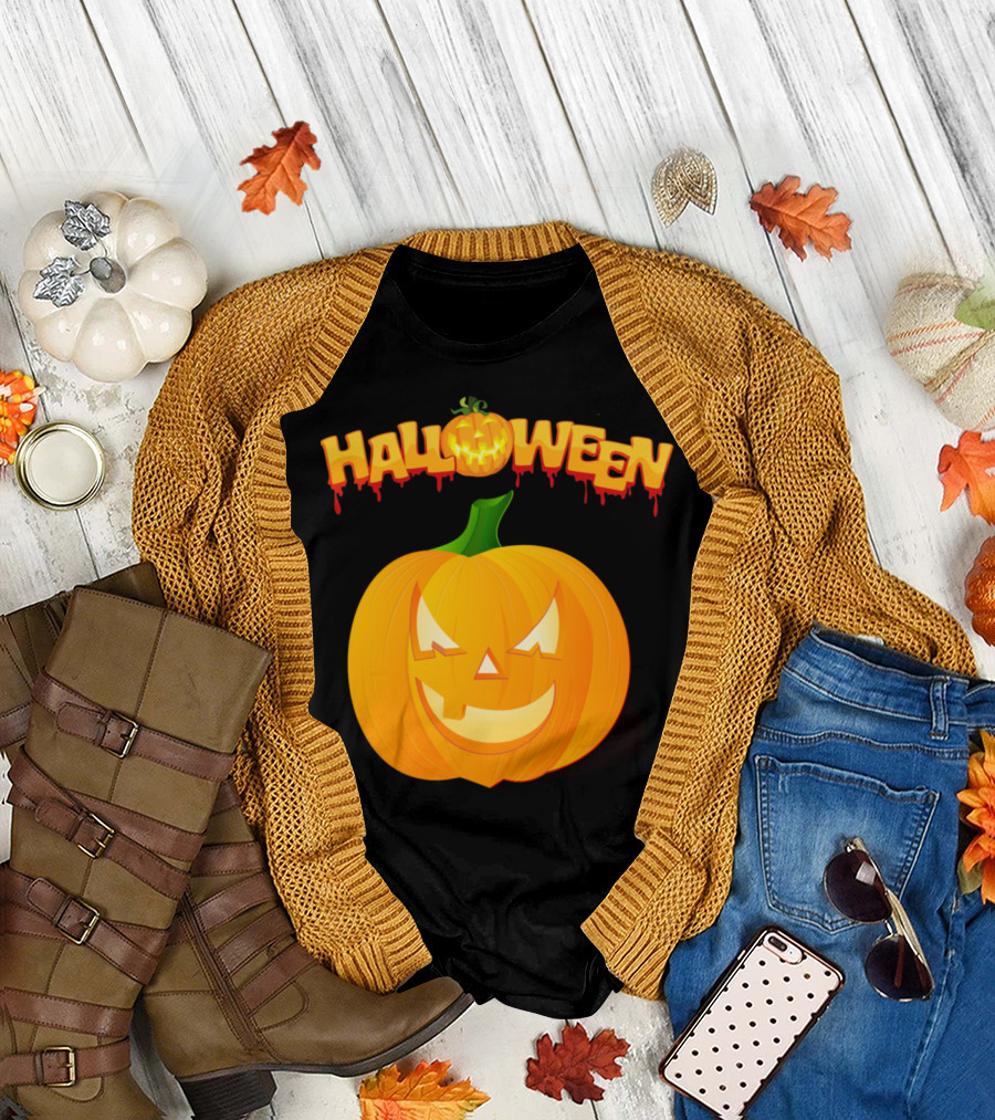 Halloween Smiling Pumpkin with Dripping Text T-Shirt
