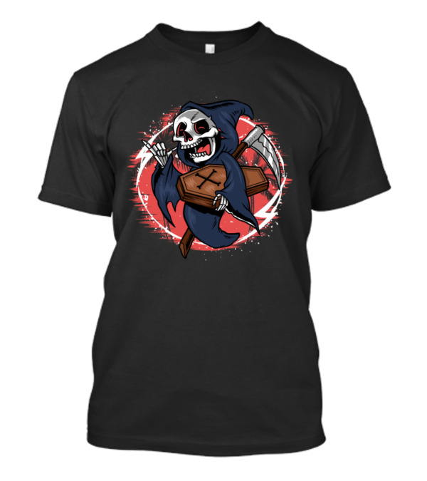 Grinning Skeleton Grim Reaper With Coffin And Sickle In Red Circle T-Shirt
