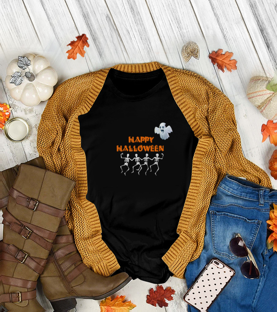 Happy Halloween Dancing Skeletons and Ghost T-Shirt