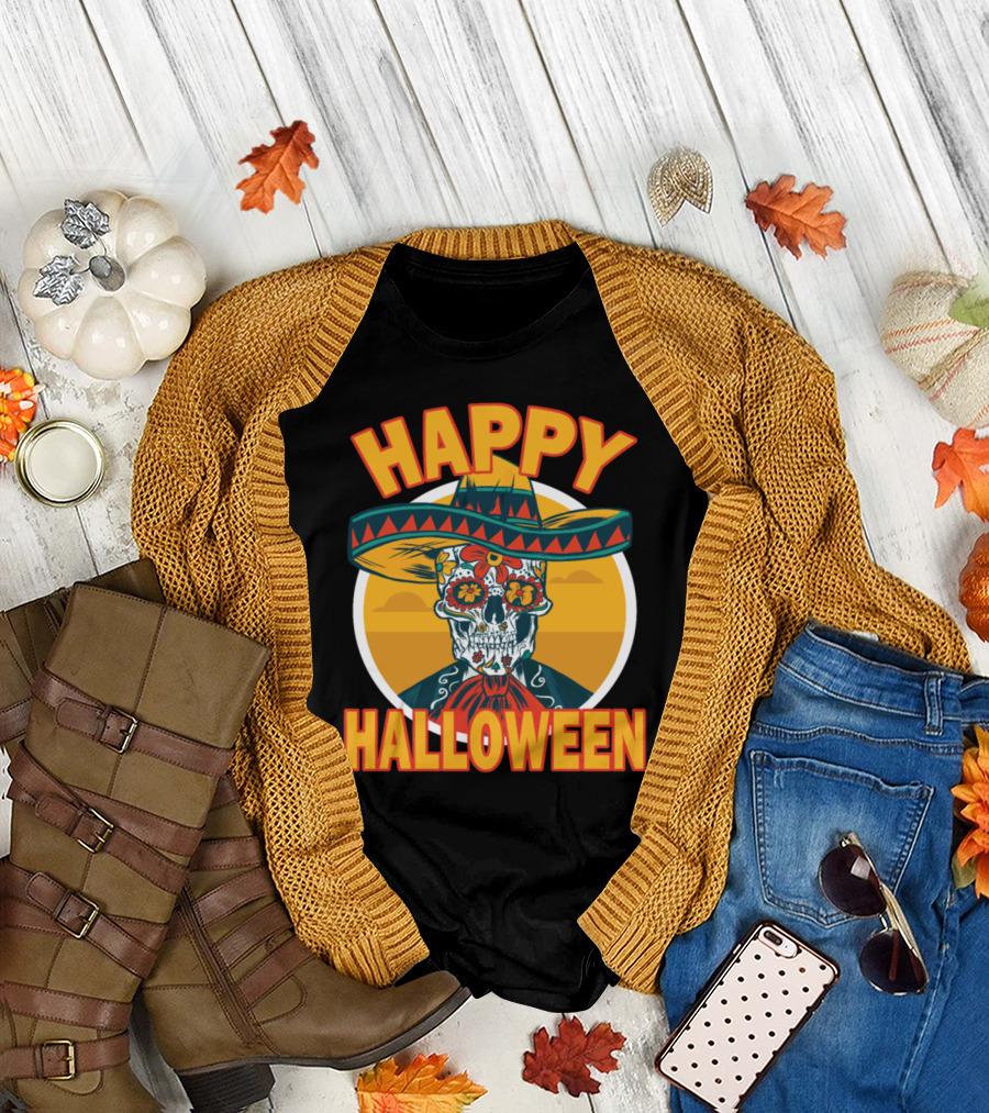 Happy Halloween Skeleton Sombrero Day of the Dead T-Shirt