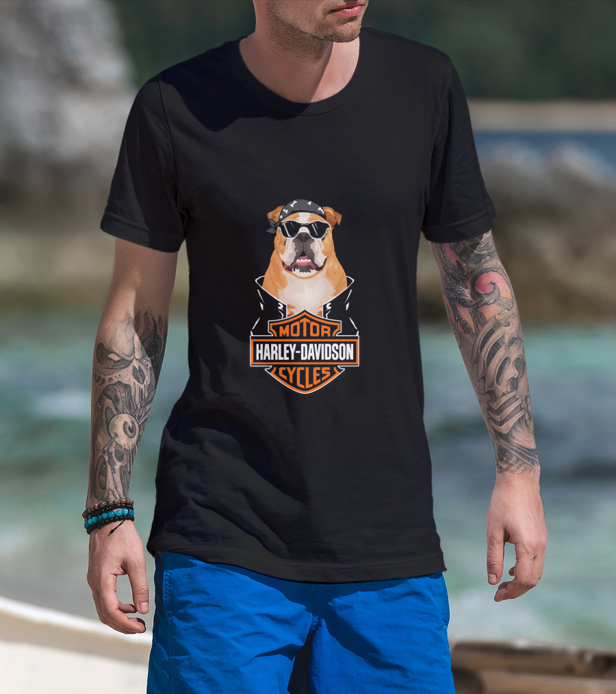 Harley Davidson Boxer Biker Dog With Sunglasses And Bandana T-Shirt
