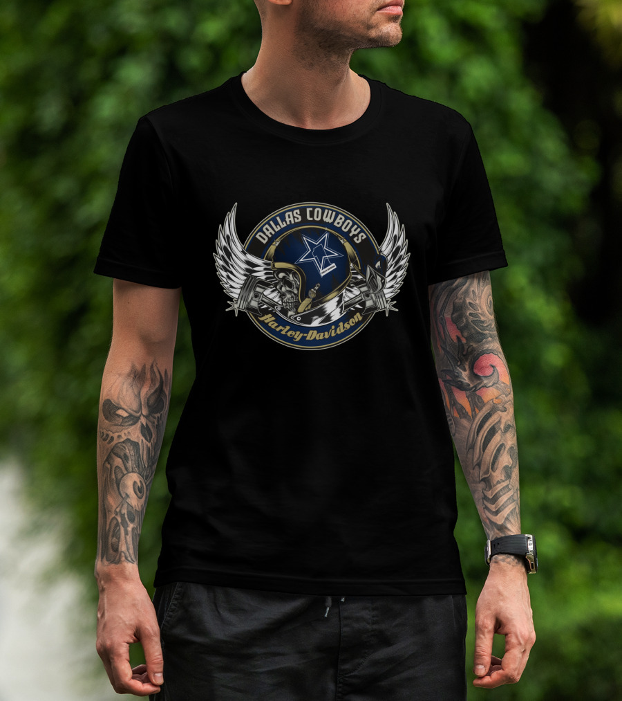 Dallas Cowboys Harley Davidson Skull With Wings And Star Helmet T-Shirt