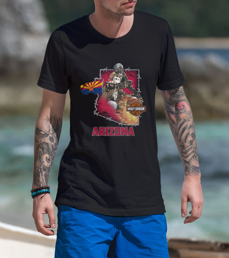 Arizona Harley Davidson Motorcycles Skeleton With State Flag T-Shirt