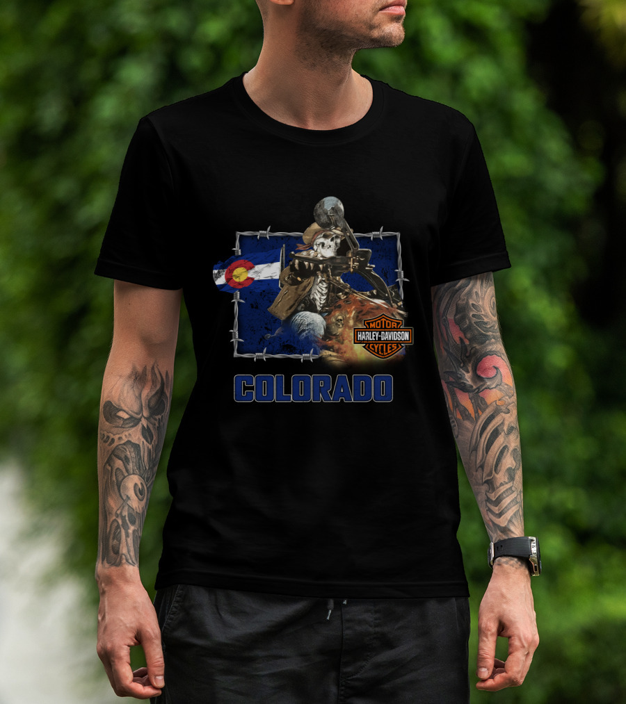 Colorado Harley Davidson Skeleton Rider With State Flag T-Shirt