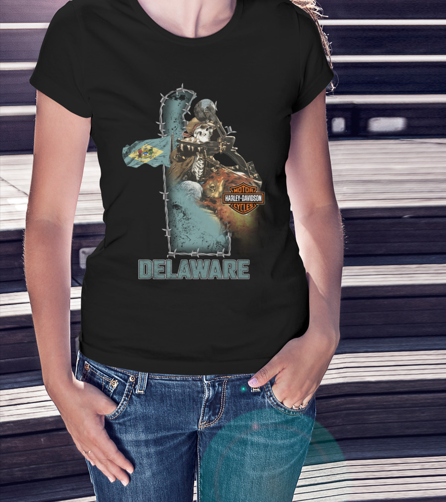 Delaware Harley Davidson Motorcycles Skeleton And Flag T-Shirt