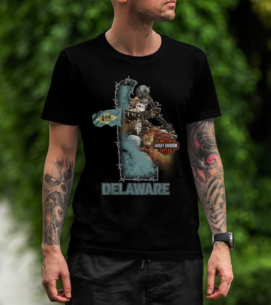 Delaware Harley Davidson Motorcycles Skeleton And Flag T-Shirt