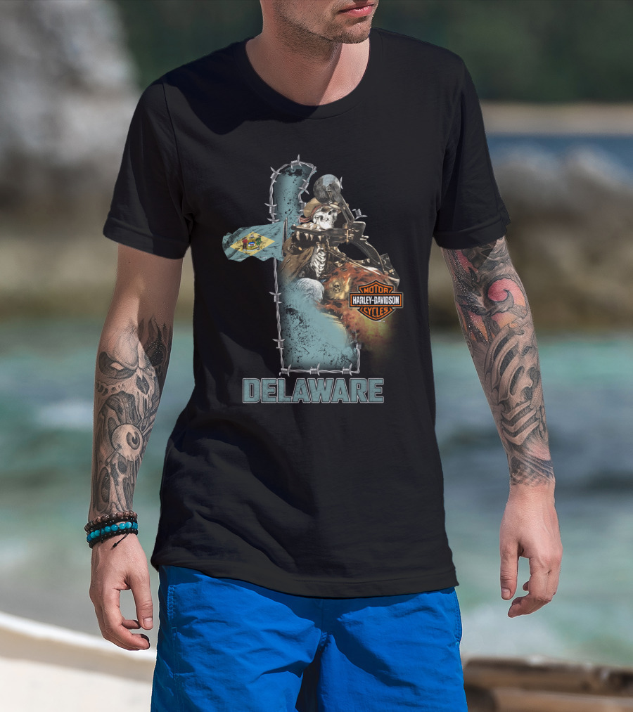 Delaware Harley Davidson Motorcycles Skeleton And Flag T-Shirt