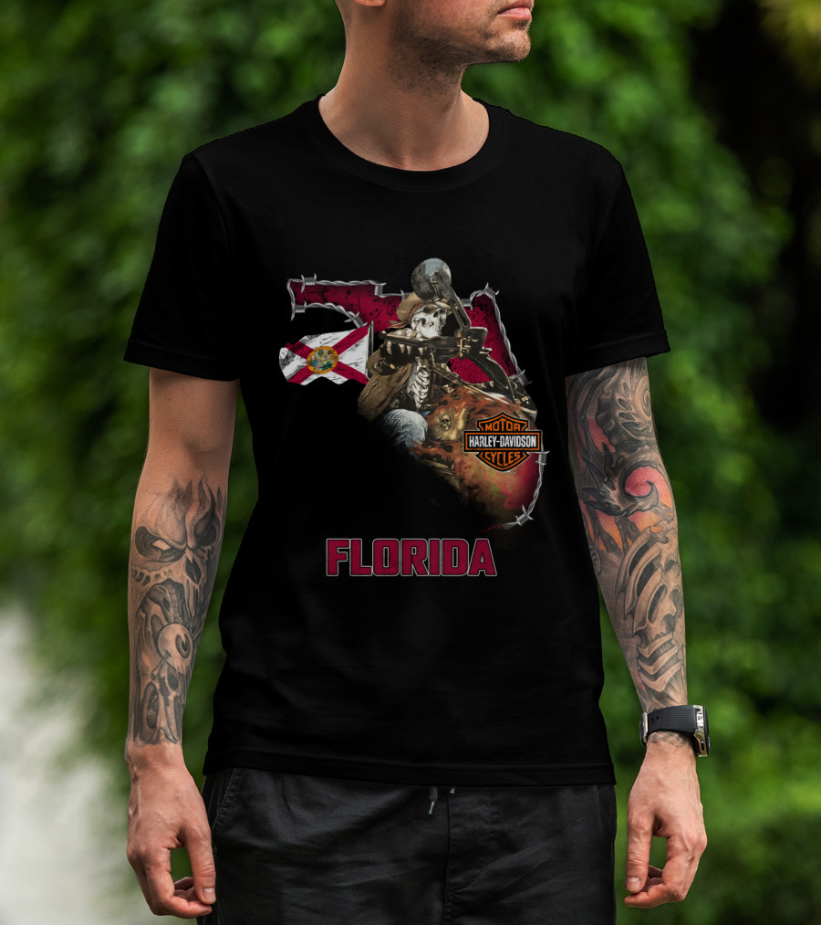 Florida Harley Davidson Skeleton Biker With State Flag T-Shirt