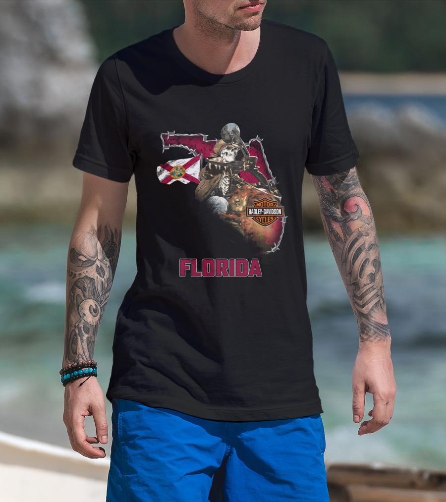 Florida Harley Davidson Skeleton Biker With State Flag T-Shirt