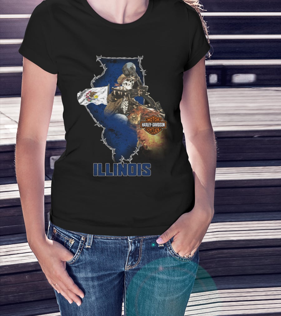 Illinois Harley Davidson Motorcycles Skeleton Rider Barbed Wire Flag T-Shirt
