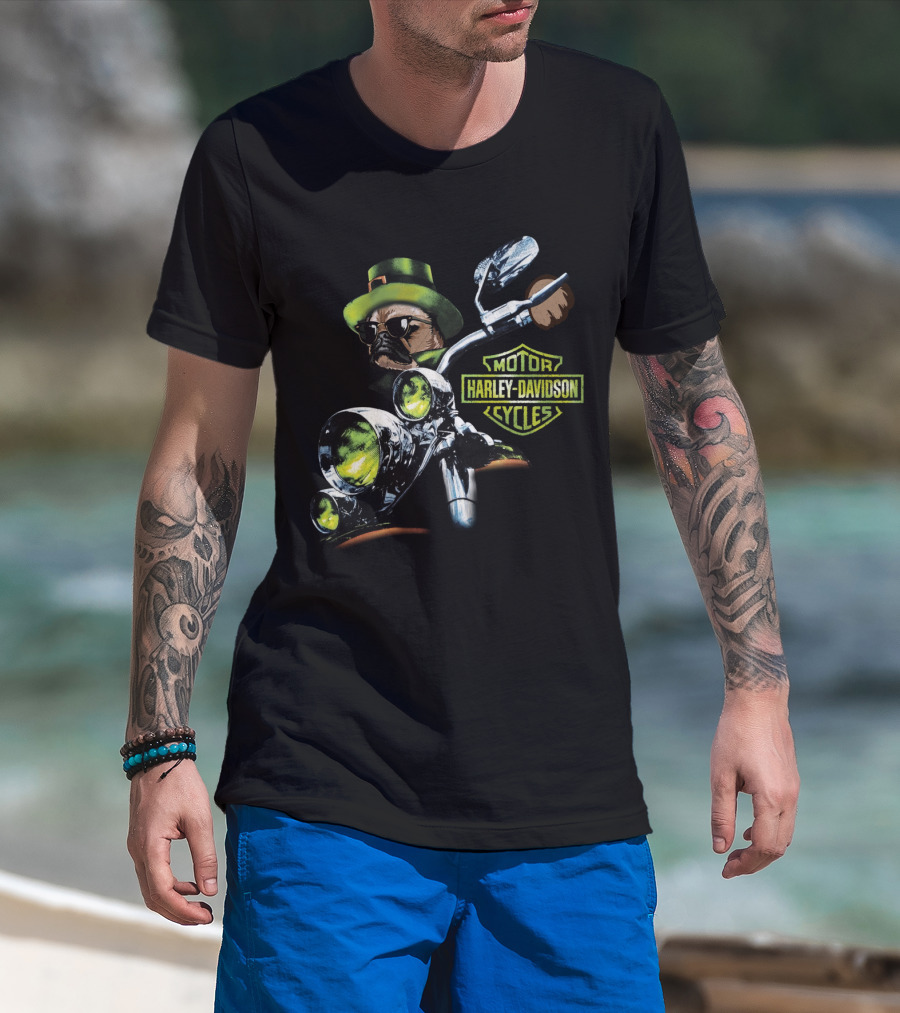 Harley Davidson Motorcycles Pug Riding St Patrick's Day T-Shirt