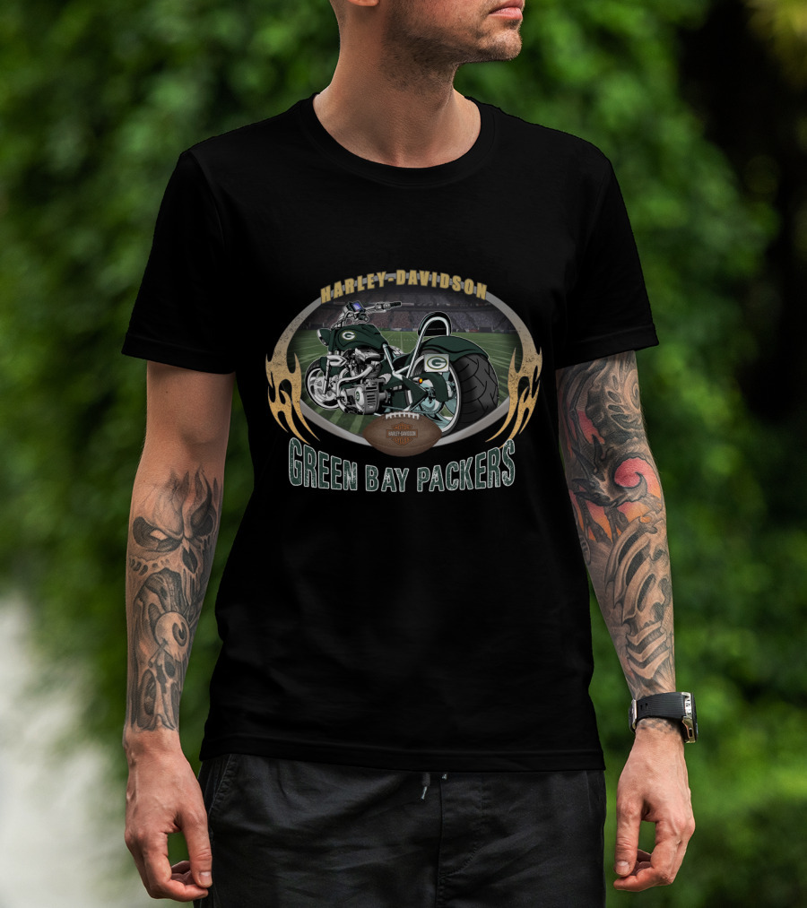 Harley Davidson Green Bay Packers Motorcycle Football Stadium T-Shirt