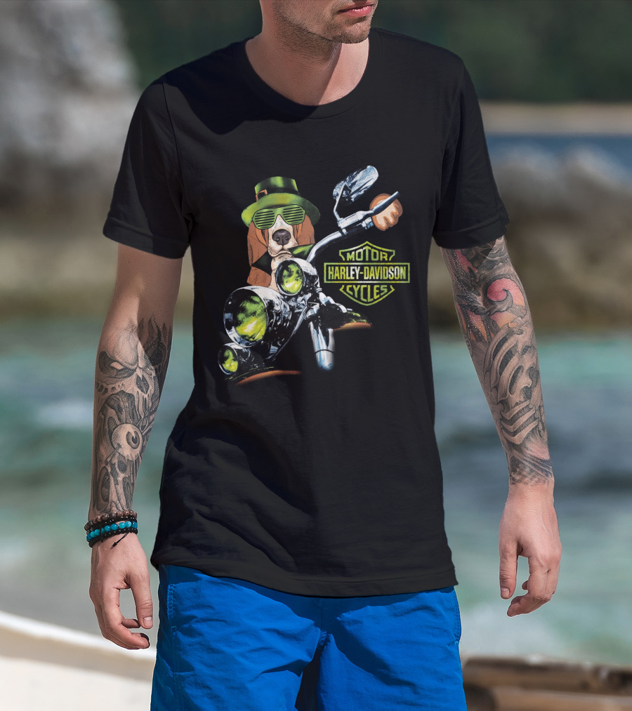 Basset Hound Harley Davidson Motorcycles Green Hat And Glasses Biker T-Shirt