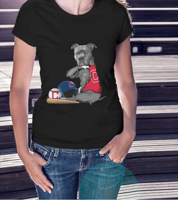 Cleveland Indians C Pit Bull Baseball Bat Helmet Sitting Baseball T-Shirt