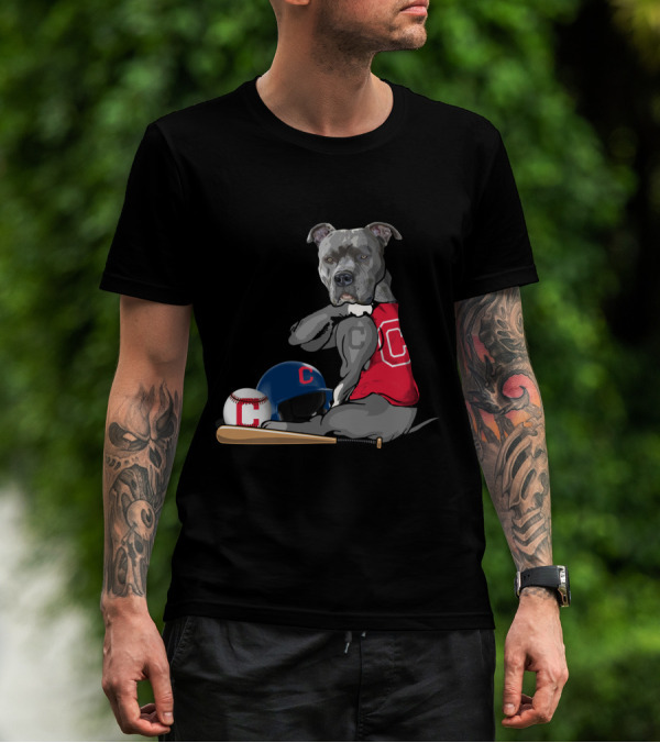 Cleveland Indians C Pit Bull Baseball Bat Helmet Sitting Baseball T-Shirt