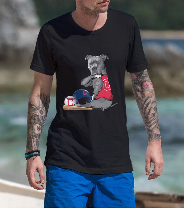 Cleveland Indians C Pit Bull Baseball Bat Helmet Sitting Baseball T-Shirt