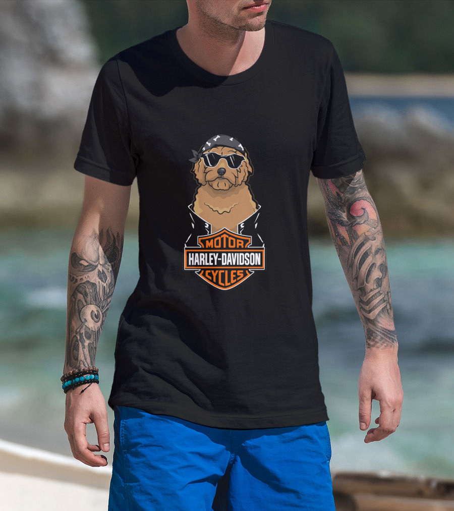 Harley Davidson Motor Cycles Goldendoodle With Sunglasses And Bandana T-Shirt