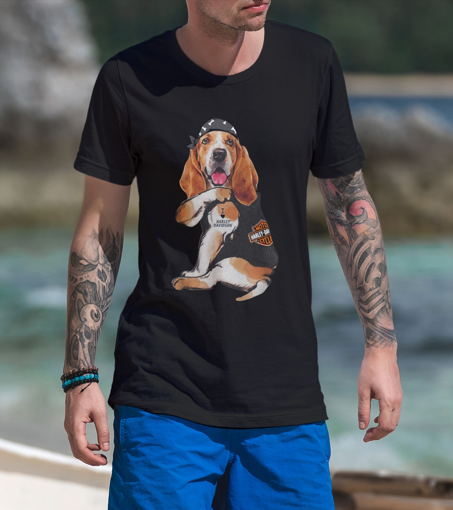 Basset Hound Harley Davidson Fan With Motorcycles Bandana T-Shirt