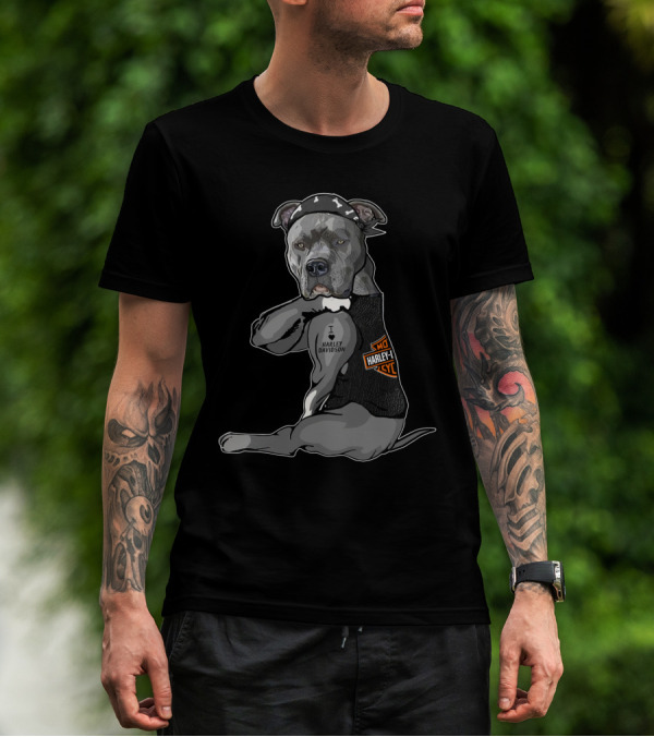 Harley Davidson Pitbull Wearing Bandana And Vest T-Shirt