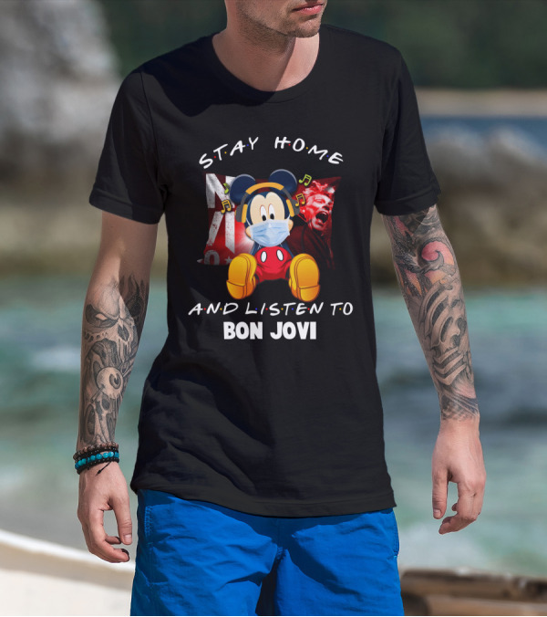 Stay Home And Listen To Bon Jovi Mickey Mouse Masked Music Notes T-Shirt