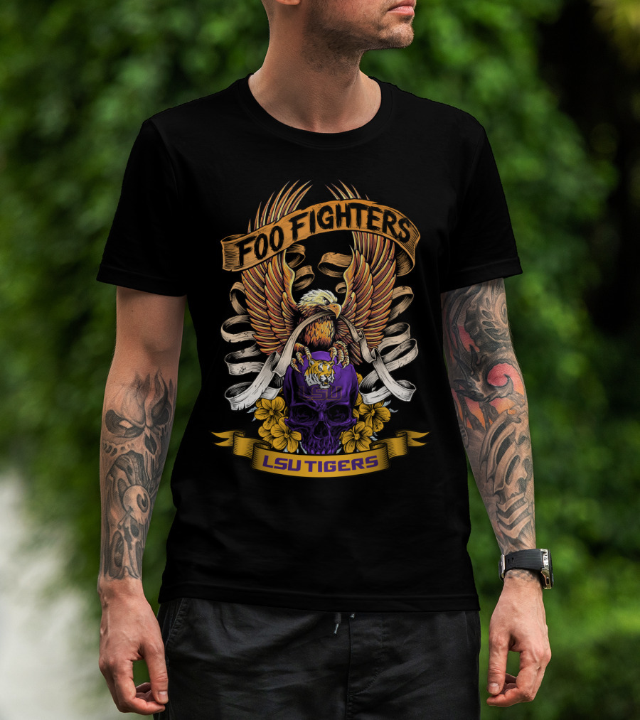 Foo Fighters Lsu Tigers Eagle Skull Floral Banner T-Shirt