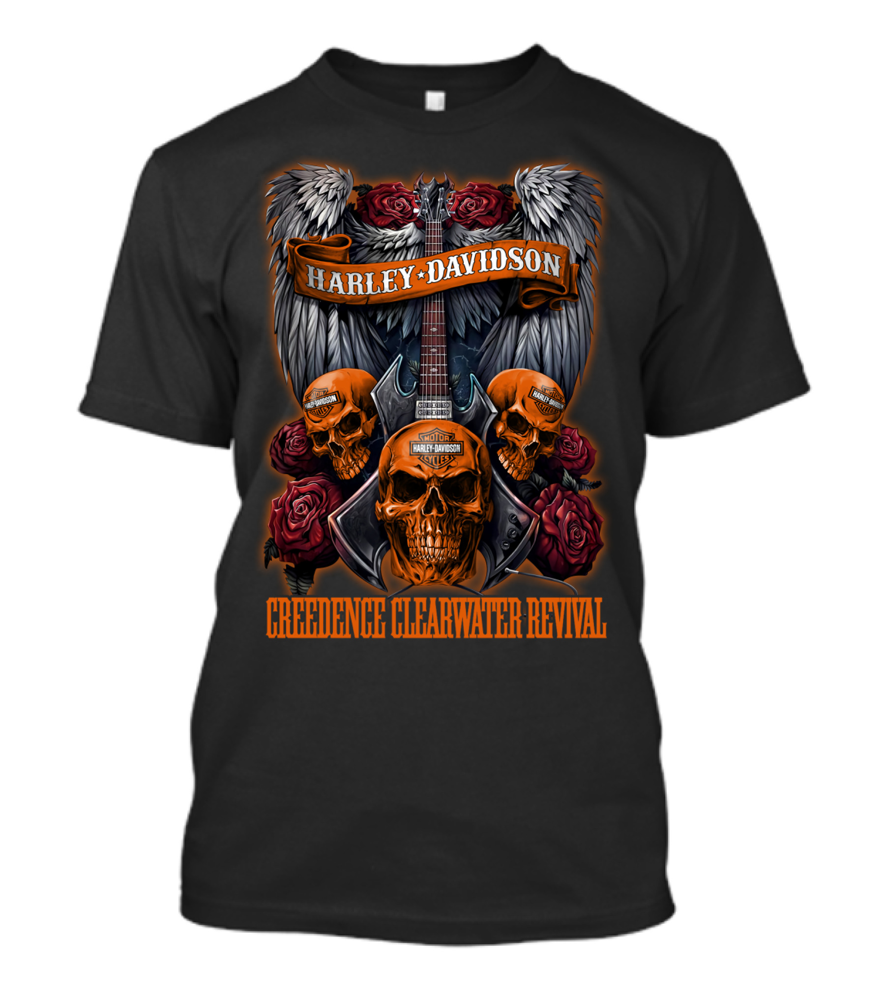 Harley Davidson Skull And Wing Design Featuring Creedence Clearwater Revival T-Shirt