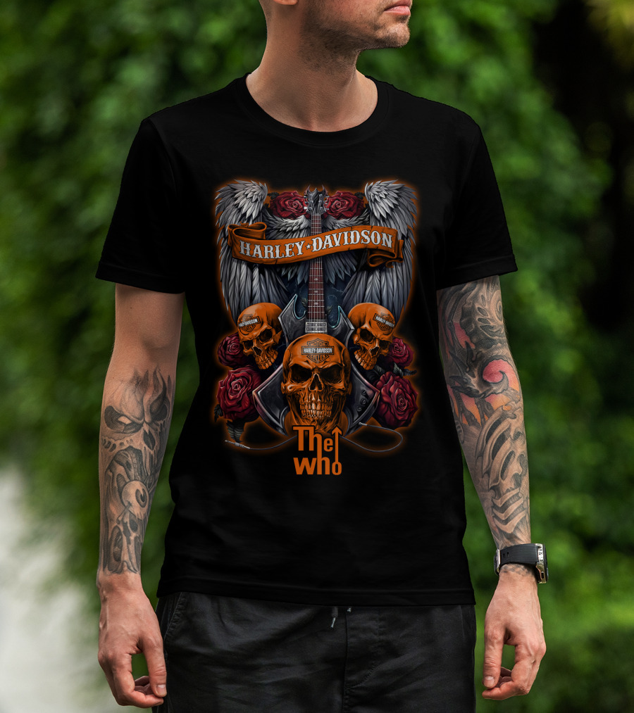 Harley Davidson The Who Skull Guitar Wings Roses T-Shirt