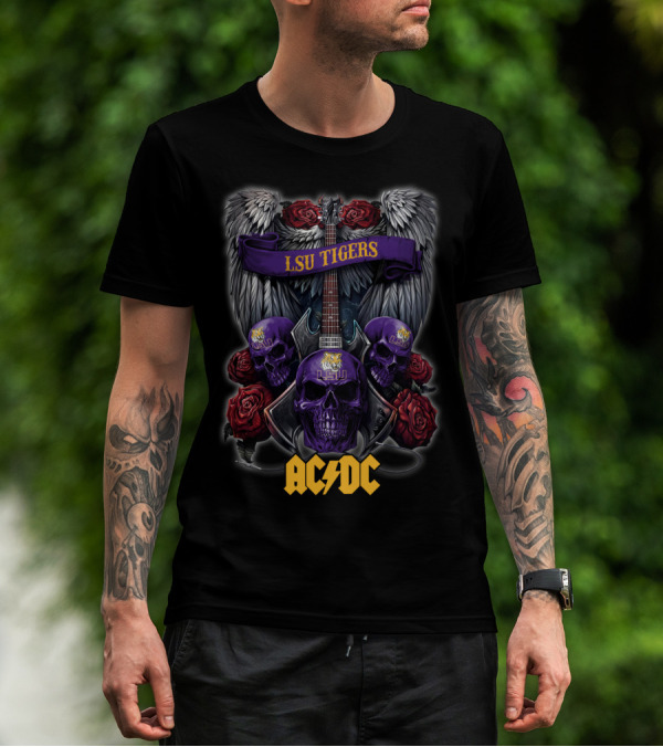 LSU Tigers ACDC Skull Guitar Wings Roses T-Shirt