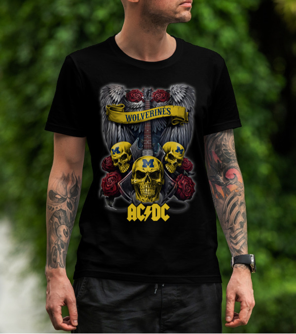 Wolverines Michigan 48 ACDC Skulls And Guitar Wings Roses T-Shirt
