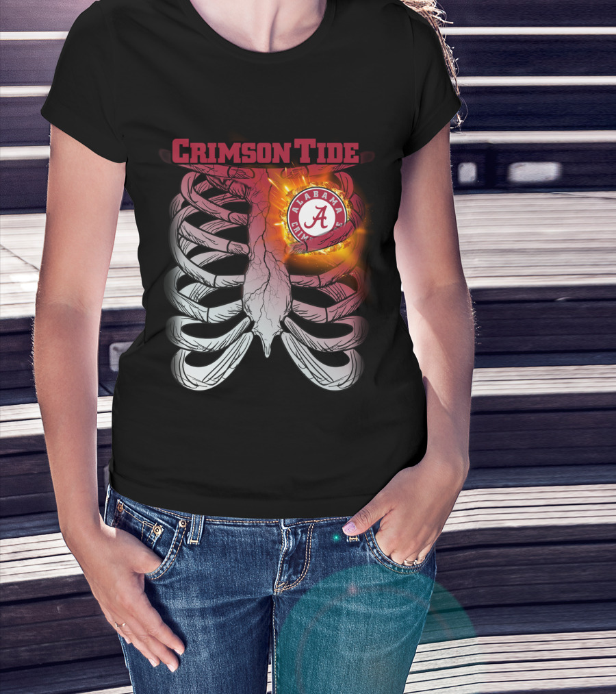 Alabama Crimson Tide A Logo Flaming Heart Inside Ribcage T-Shirt