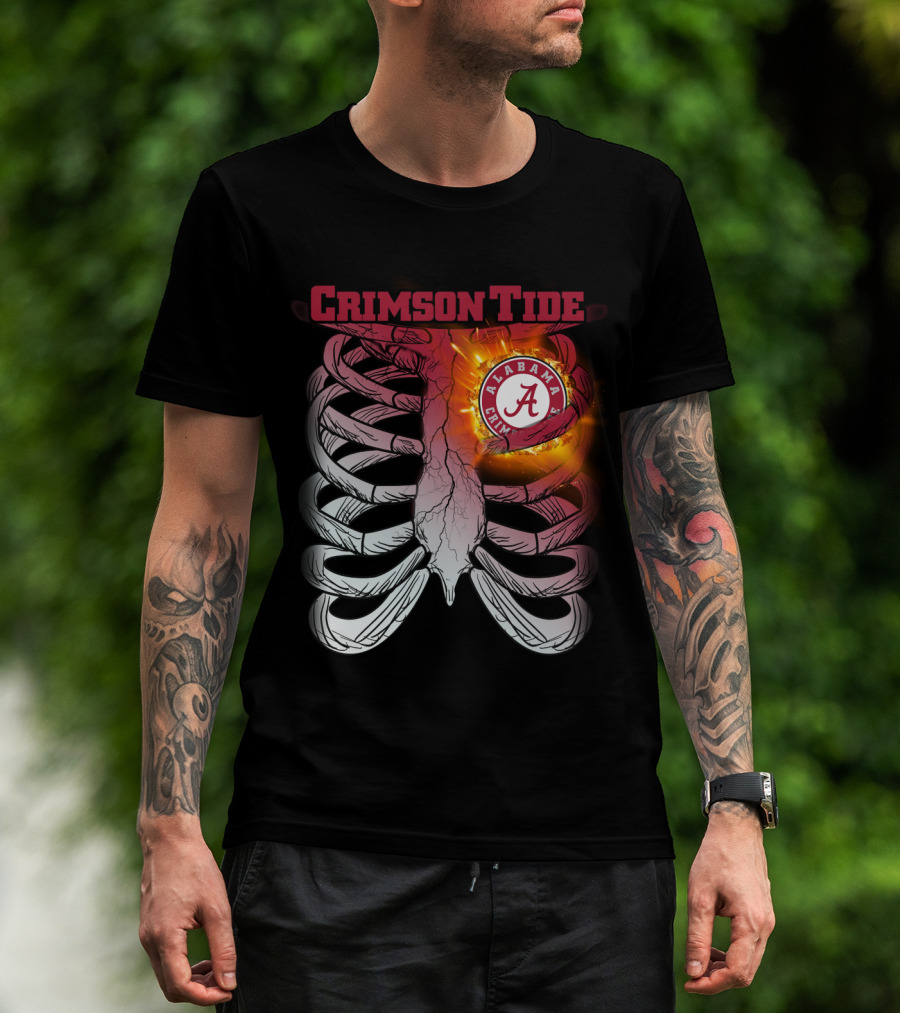 Alabama Crimson Tide A Logo Flaming Heart Inside Ribcage T-Shirt