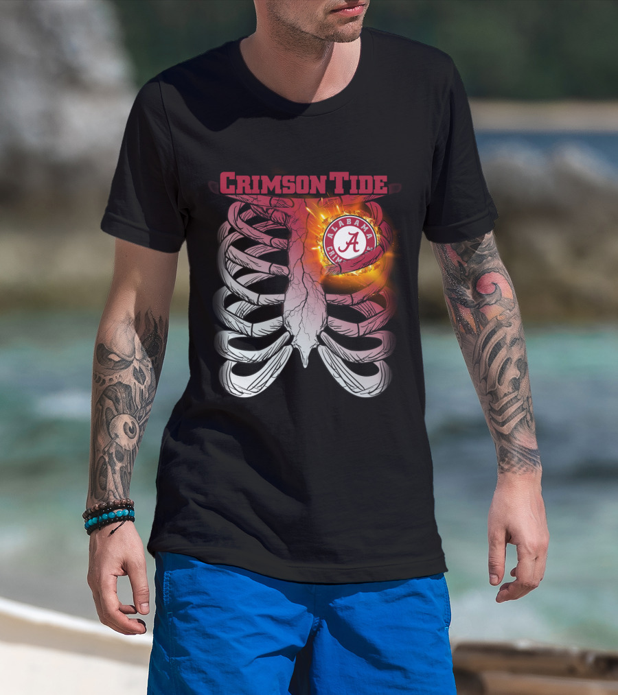 Alabama Crimson Tide A Logo Flaming Heart Inside Ribcage T-Shirt