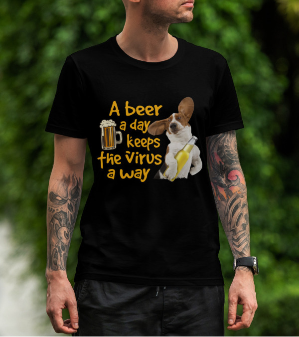 A Beer A Day Keeps The Virus Away Basset Hound Holding Beer T-Shirt