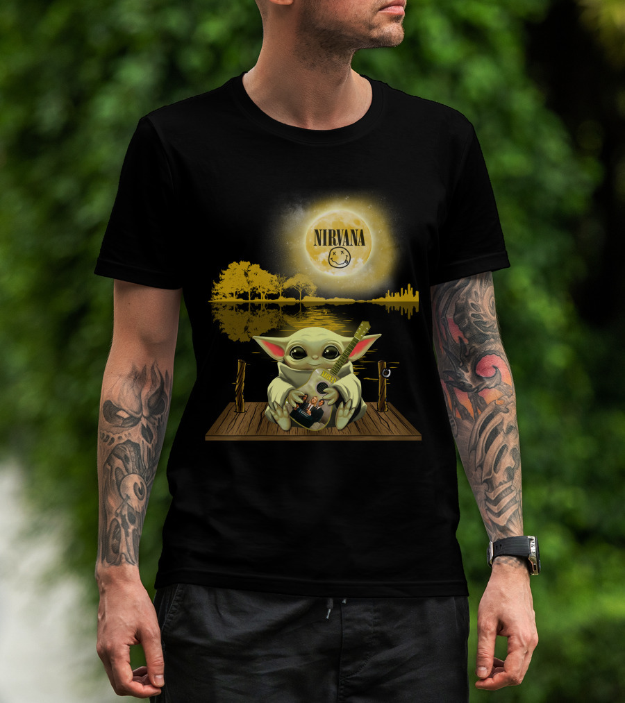 Nirvana Baby Yoda Playing Guitar Under Smiley Face Moon T-Shirt