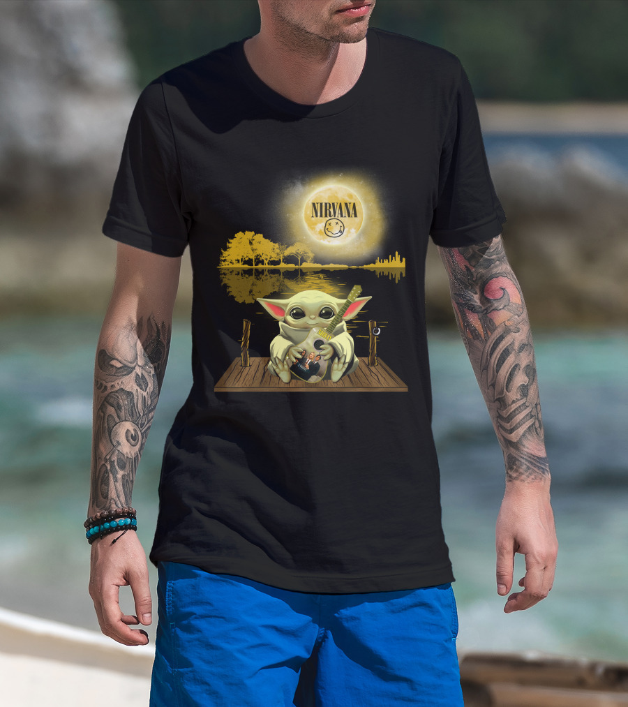 Nirvana Baby Yoda Playing Guitar Under Smiley Face Moon T-Shirt