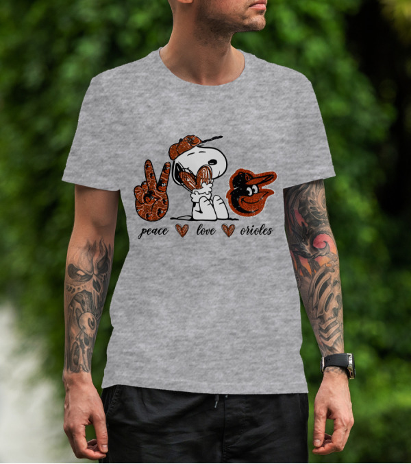 Peace Love Orioles Snoopy Style Baltimore Orioles T-Shirt