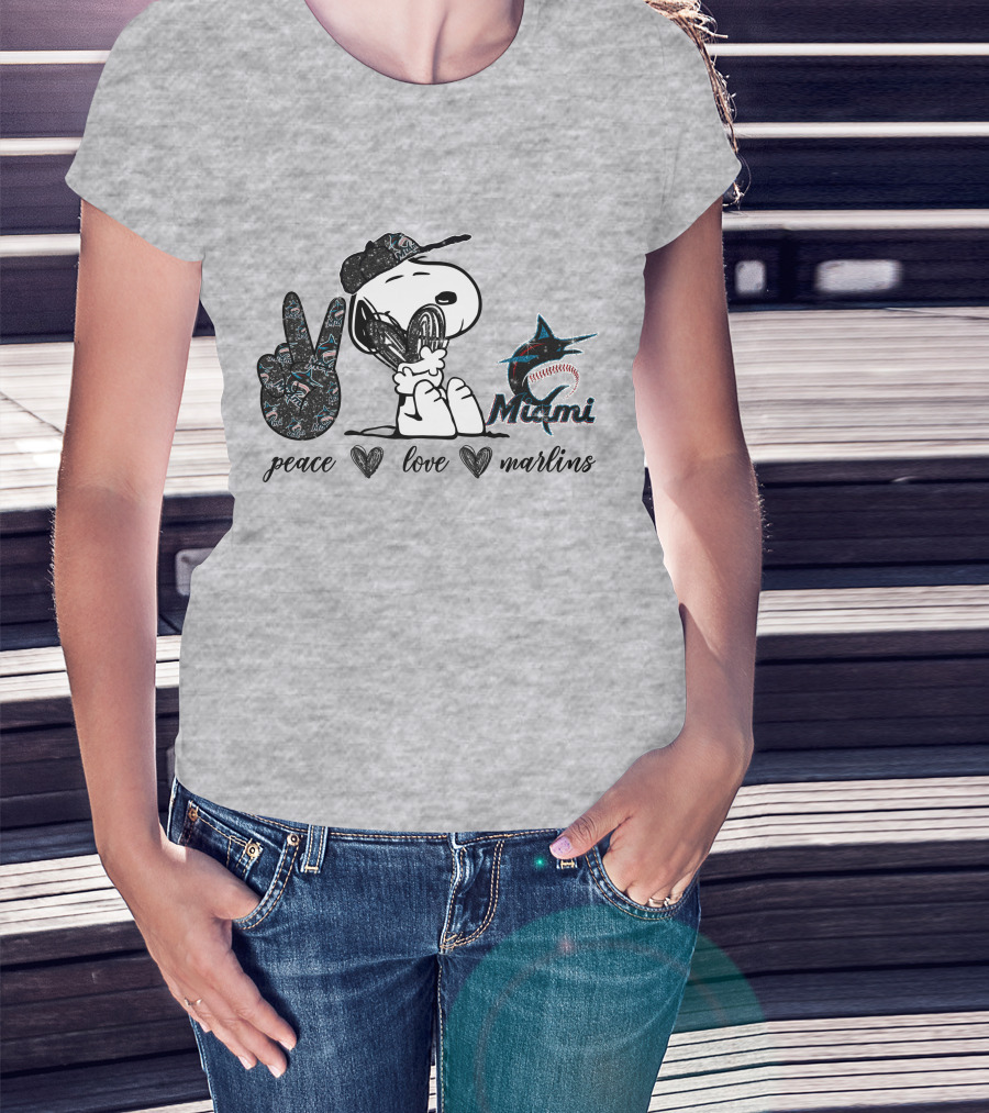 Peace Love Miami Marlins Snoopy Baseball Fan T-Shirt
