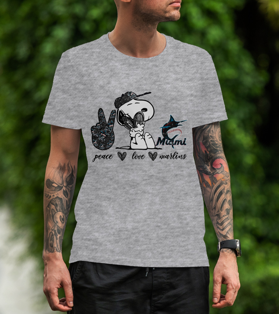 Peace Love Miami Marlins Snoopy Baseball Fan T-Shirt