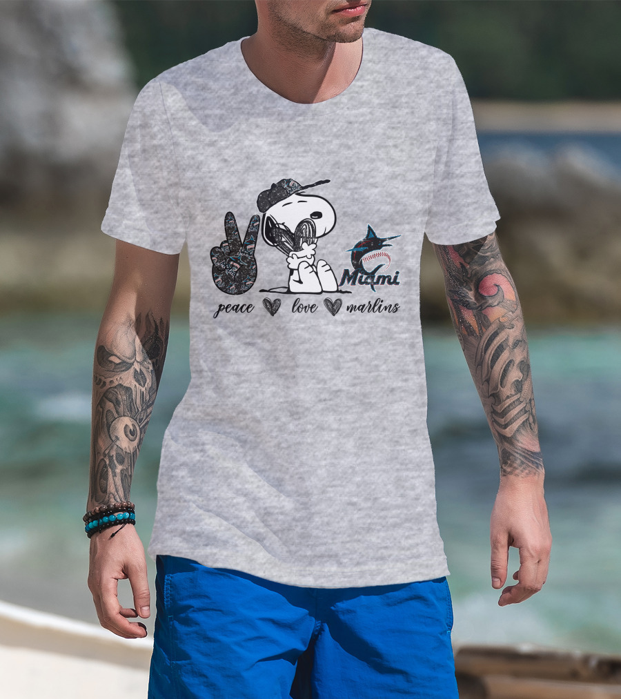 Peace Love Miami Marlins Snoopy Baseball Fan T-Shirt