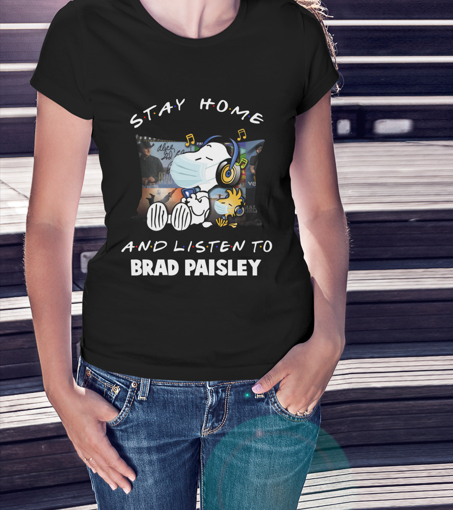 Stay Home And Listen To Brad Paisley Snoopy With Headphones Mask T-Shirt