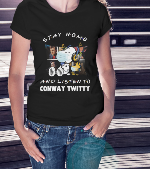 Stay Home And Listen To Conway Twitty Snoopy Wearing Headphones And Mask T-Shirt