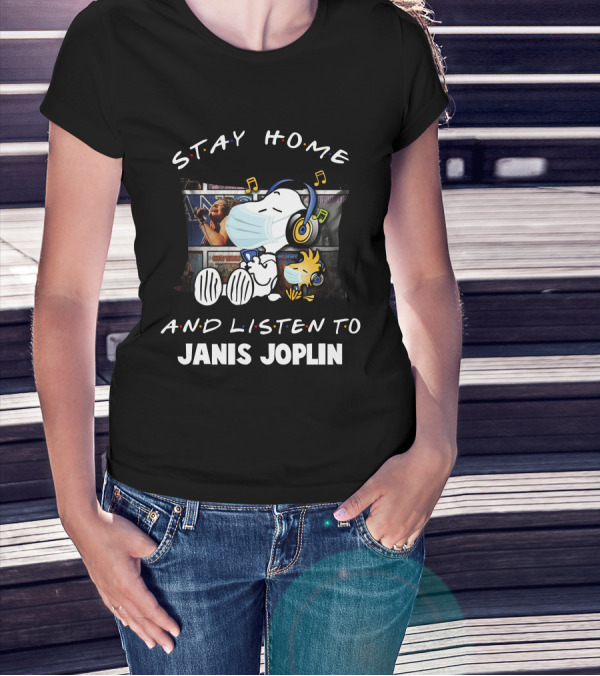 Stay Home And Listen To Janis Joplin Snoopy Relaxing With Mask And Headphones T-Shirt